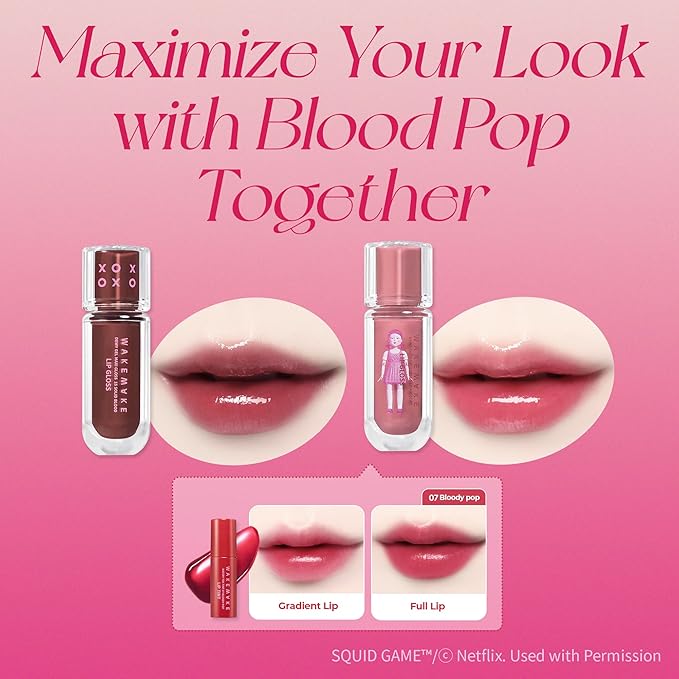 WM X NETFLIX SQUID GAME Dewy Gel Maxi Gloss 15 Solid Blood Set (+Watery Tok Tint Mini 7 Bloody Pop), lips, korean lip-BrightBean Baby