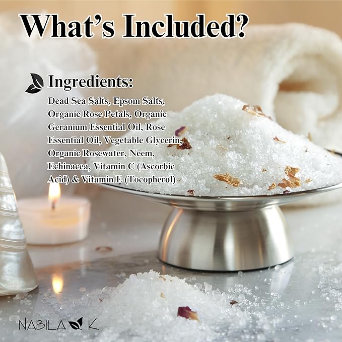 Organic Rose Bath Salts by Nabila K - Dead Sea Salt & Epsom Salt Scrub & Soak - Exfoliates & Hydrates Skin, Botanical Essential Oils - Bubble Bath Accessories for All Skins Types, 8 oz-BrightBean Baby