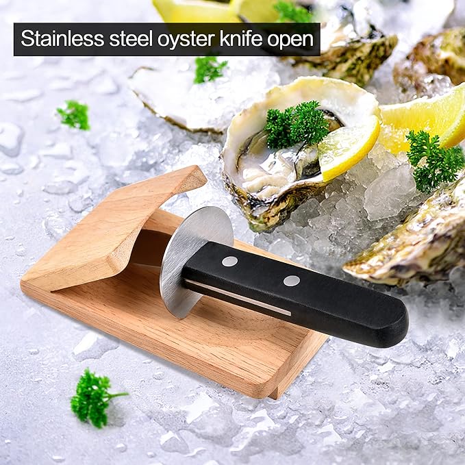 Oyster Knife Shucker Set Oyster Shucking Knife with Wooden holder Oyster Shucking Clamp Seafood Tools (Black)