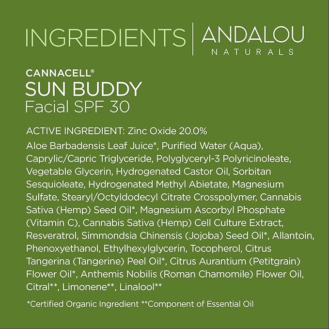 Andalou Naturals Face Sunscreen, CannaCell Sun Buddy SPF 30 with Hemp Stem Cells, Moisturizing Facial Lotion, Broad Spectrum Protection with Non-Nano Zinc Oxide, Reef Safe Sunscreen, 2.7 Fl Oz-BrightBean Baby