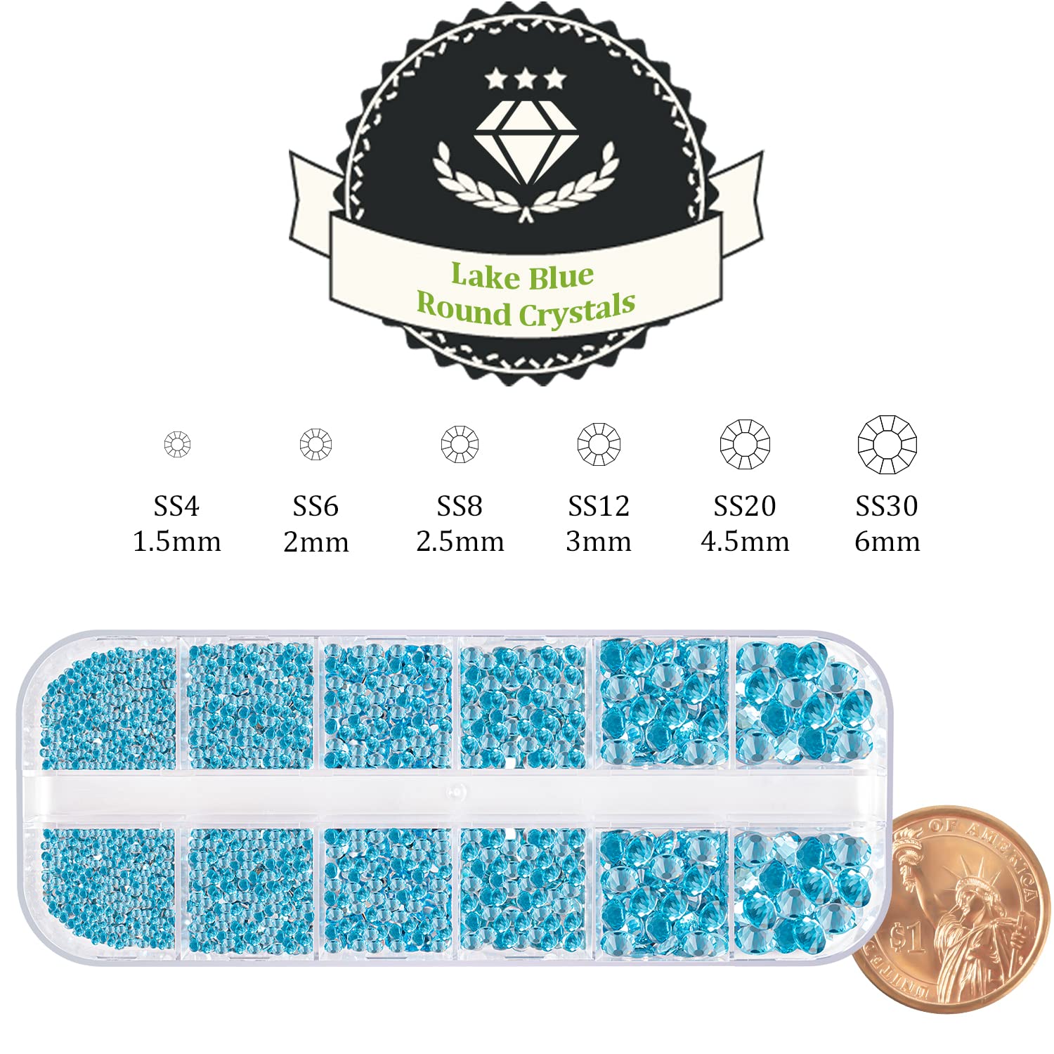 One Pack 2000 Pcs of Flatback Round Lake Blue Rhinestones 6 Sizes (1.5-6 mm) with Nail Art Rhinestone Picker Pencil and Tweezers for DIY and Salon Use-BrightBean Baby