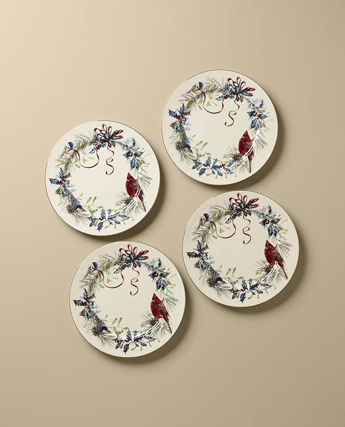 Lenox 897091 Winter Greetings Dinnerware Dinner Plates, Set of 4, Red & Green, Christmas, Holiday Hosting, Service For 4