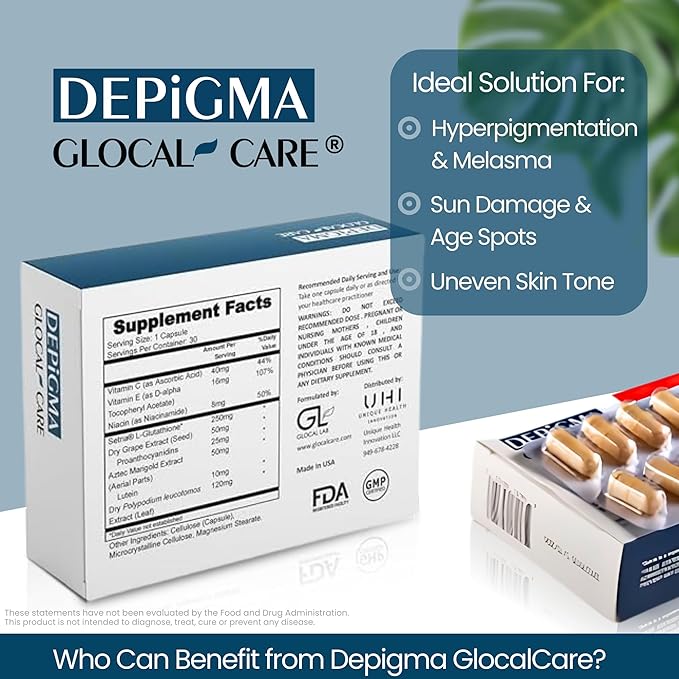 GlocalCare Depigma Support Reduction of Hyperpigmentation, Melasma & Dark Spots with Glutathione, Polypodium Leucotomos, Grape Seed & Marigold Extract-BrightBean Baby