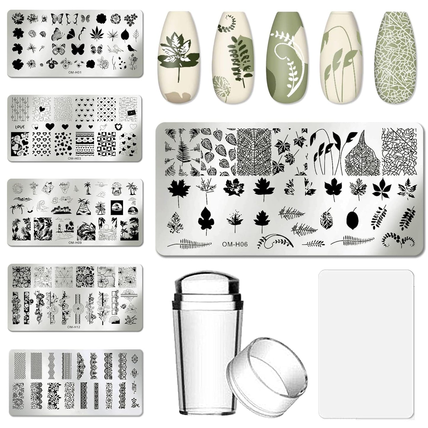 AddFavor Nail Art Stamper Kit 6pcs Flower Heart Leaf Lace Butterfly Stamping Plate Template with Silicone Nail Stamper and Scraper for Women Girls DIY Fingernail Manicure Stencils Tools-BrightBean Baby
