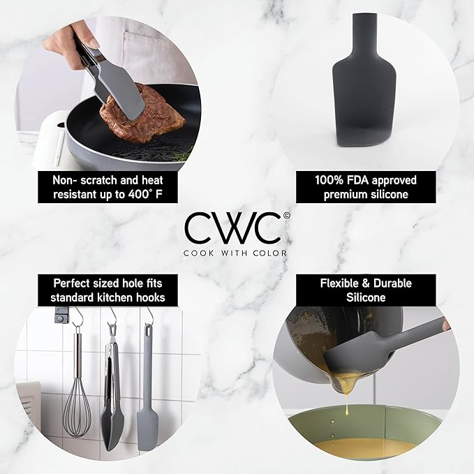 COOK WITH COLOR Stainless Steel Silicone Tipped Kitchen & BBQ Tongs Set, 3 Pc Utensils, Grey