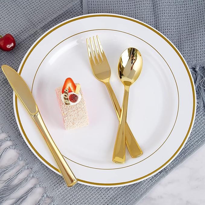 FOCUSLINE 300 Count Gold Plastic Silverware Set - 100 Forks, 100 Knives, 100 Spoons - Heavy Duty Plastic Cutlery Set Disposable Flatware for Catering, Parties, Dinners, Weddings