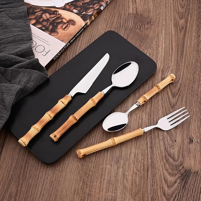 40PCS Silverware Set for 10, Bamboo Handle Flatware Set, Stainless Steel Cutlery Set for Home Restaurant and Party, Bamboo Forks Spoons and Knives Set, Polished Tableware