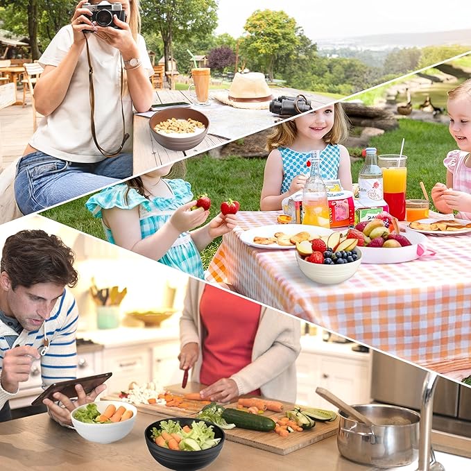 Quatish 16 PCS Unbreakable Cereal Bowls,Dishwasher & Microwave Safe Wheat Straw Bowls, Easy-to-Clean Lightweight Snack & Soup Bowl,Multi-Color Portable for Picnics Plastic Bowls Set, Brown