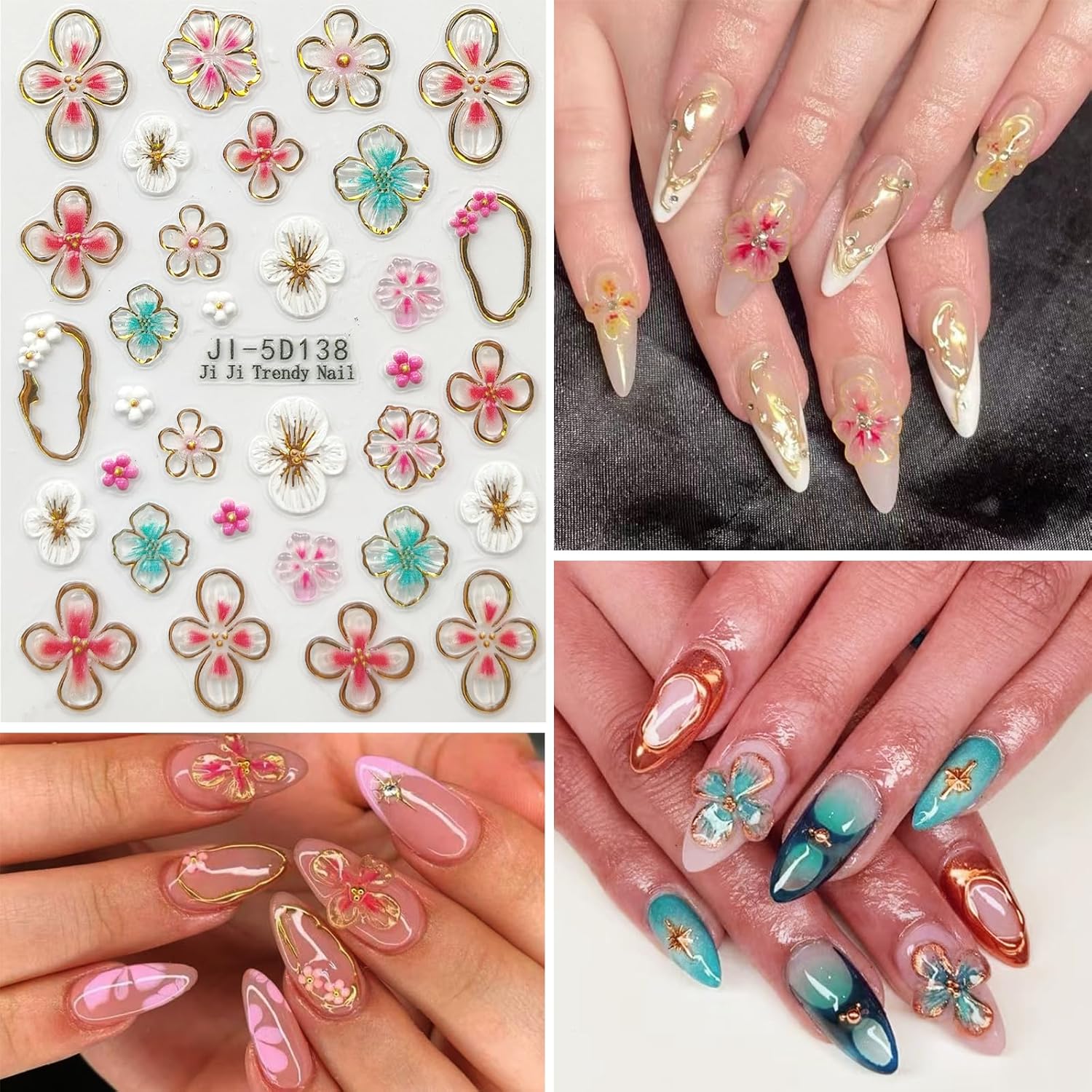 Flower Nail Art Stickers Decals 5D Embossed Nail Decals Spring Summer Pink Purple Nails Design Self-Adhesive Supplies Accessories 3D Flower for Women Nails DIY Decoration(5 Sheets)-BrightBean Baby