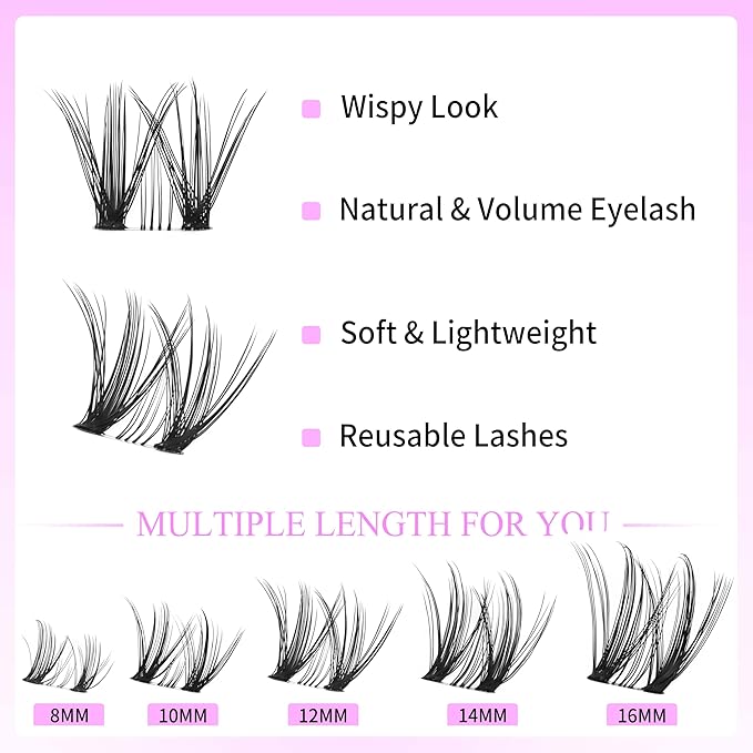VEYESBEAUTY Lash Clusters Kit Eyelash Extensions Thin & Invisible Band DIY Individual False Eyelashes Newbie's Five-Second Series Lash Tray for Self-application, Whisper Lash 8-16mm Mixed Length-BrightBean Baby