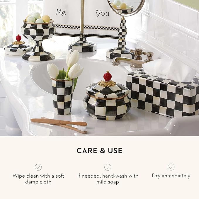 MACKENZIE-CHILDS Enamel Squashed Pot, Cute Enameled Container with Lid, 20 Ounces, Black-and-White Courtly Check