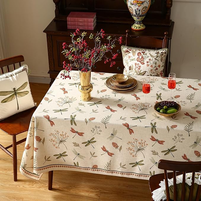 ISAENNE Designer Floral Linen Table Cloth for Rectangle Table,French Off White Elegant Tablecloth,Washable Home Decor Tablecloths for Dining Thanksgiving Kitchen Christmas,55"*79"-Grace B
