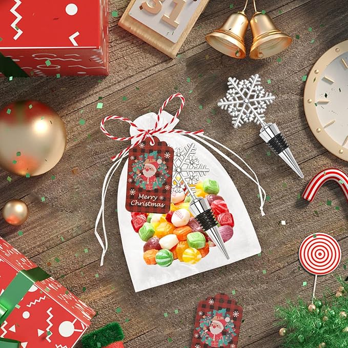 12Pcs Christmas Snowflake Wine Bottle Stopper Bulk Xmas Silver Wine Bottle Corkers Party Favors with Card and Ropes, for Winter Decoration Wedding Holiday Supplies Wine Accessories Gift for Hostess