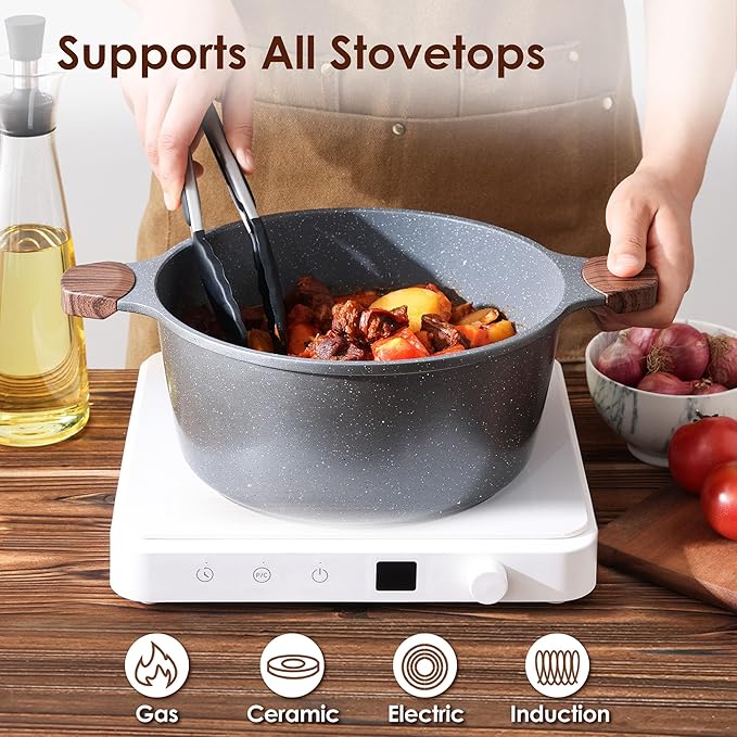 SENSARTE Nonstick Stock Pot with Lid, 7 Qt Induction Cooking Pot with Tempered Glass Lid, Stew Pot with Swiss Nonstick Granite Coating, Pasta Casserole, PFOA PFOS APEO Free, Gray