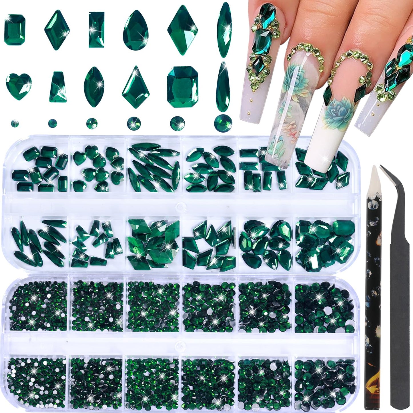 HNUIX Nail Rhinestones - 3D Multi Shape Size, Emerald Green Nail Gems, Flat Back, with Kit, for Nail Art, DIY Decorations-BrightBean Baby