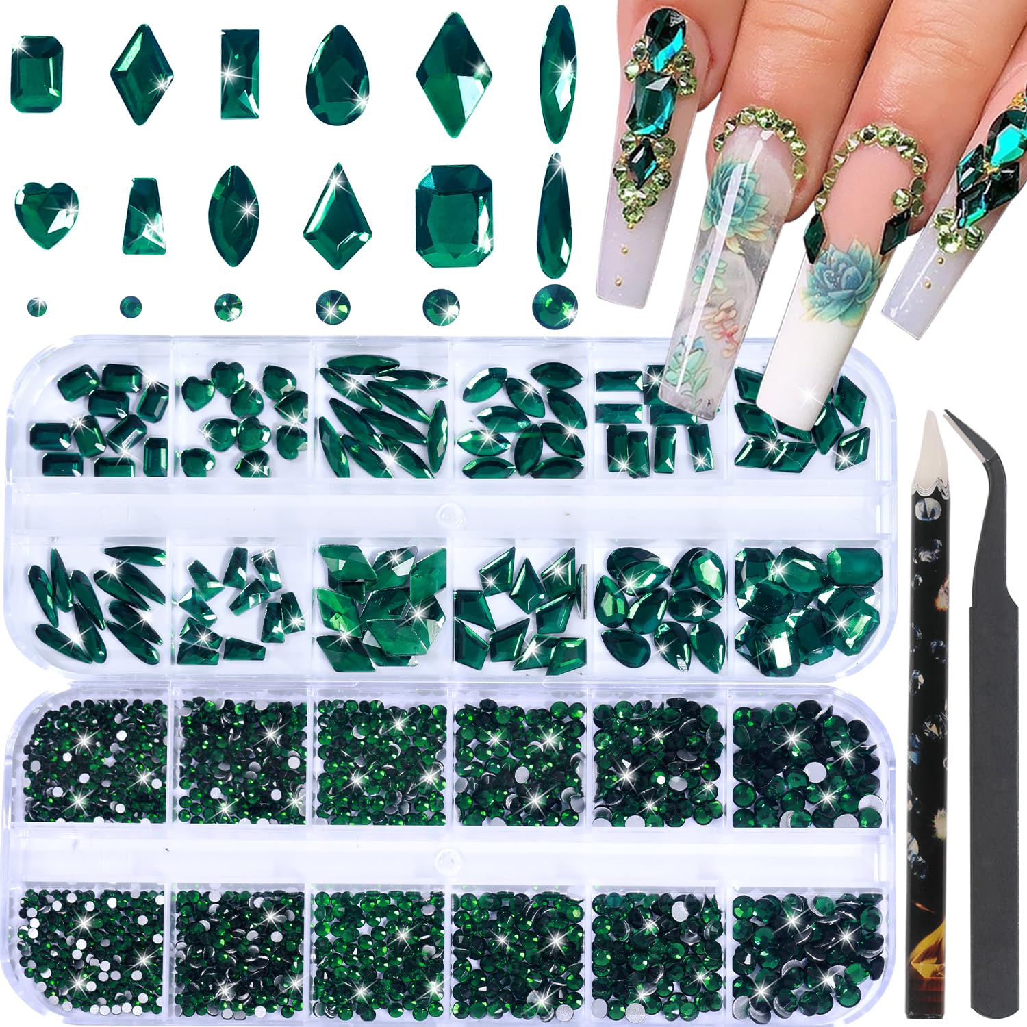 HNUIX Nail Rhinestones - 3D Multi Shape Size, Emerald Green Nail Gems, Flat Back, with Kit, for Nail Art, DIY Decorations-BrightBean Baby