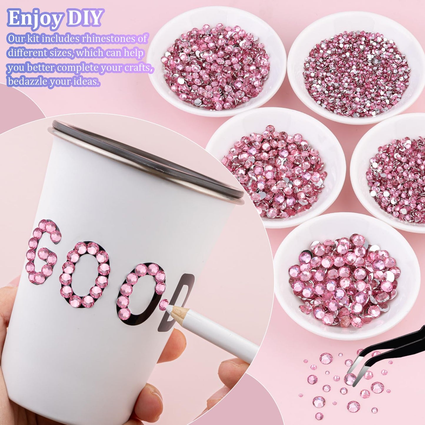 25000Pcs Resin Rhinestones with Tweezers for Crafting, Dark Pink 2-6mm Mixed Sizes Non Hotfix Flatback Gems, Bedazzling Crystal for DIY Craft Clothing Mugs Tumblers Shoes Fabric Decor Nail Art-BrightBean Baby