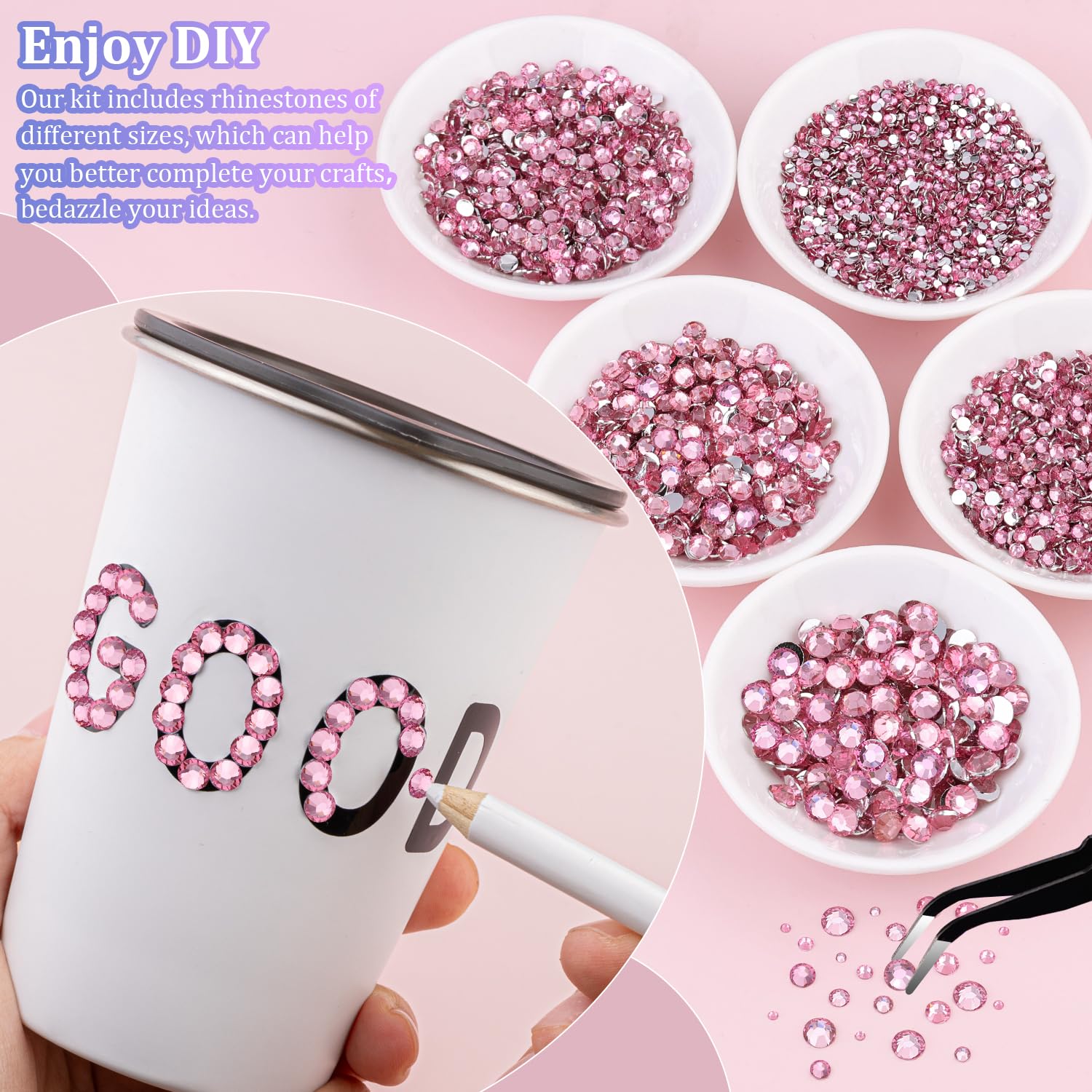 25000Pcs Resin Rhinestones with Tweezers for Crafting, Dark Pink 2-6mm Mixed Sizes Non Hotfix Flatback Gems, Bedazzling Crystal for DIY Craft Clothing Mugs Tumblers Shoes Fabric Decor Nail Art-BrightBean Baby