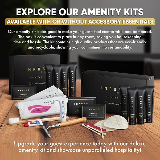 Infuse Black Amenity Kit | Boxed Hotel Toiletries | Bulk Set 1 oz Travel Size Shampoo, Conditioner, Lotion, Body Wash & Cleansing Bar for Guest Hospitality AirBnB/Vacation Rentals | 75 Pieces-BrightBean Baby
