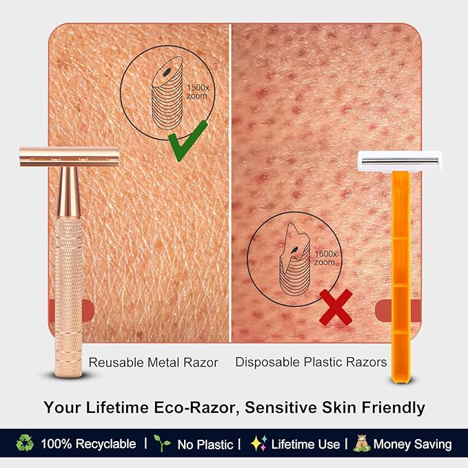 Matte Rose Gold Safety Razor, Single Blade Razors for Women, Reusable Metal Razor, with 10 Stainless Steel Double Edge Blades, Eco-friendly, Smooth & Close Shave, Plastic Free-BrightBean Baby