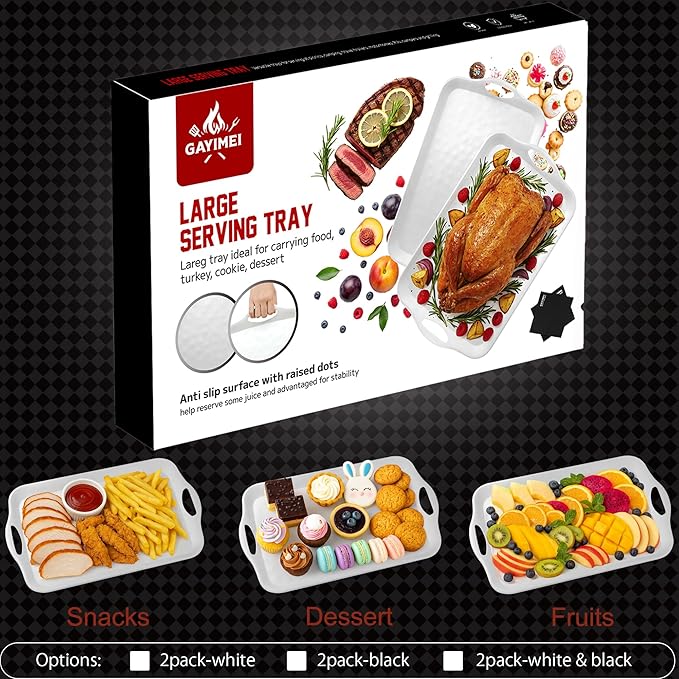 20" x 13" Large Serving Platters for Turkey, Cookie, Cupcakes, Gift Ready Melamine Serving Tray with Handles for Party Entertaining, Raised Dots & Matt Finish, Set of 2, White & Black