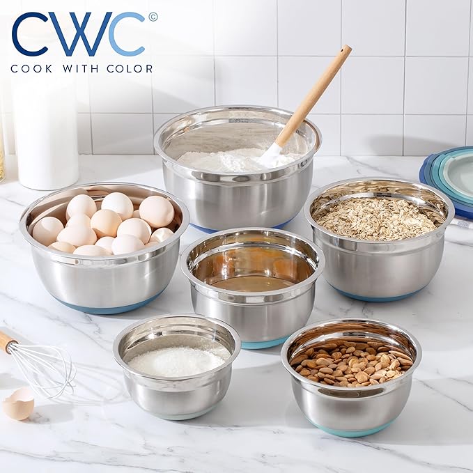 COOK WITH COLOR Stainless Steel Mixing Bowls Set with Lids - Nesting Bowls with Non-Slip Bottom, Blue, 12 Pieces
