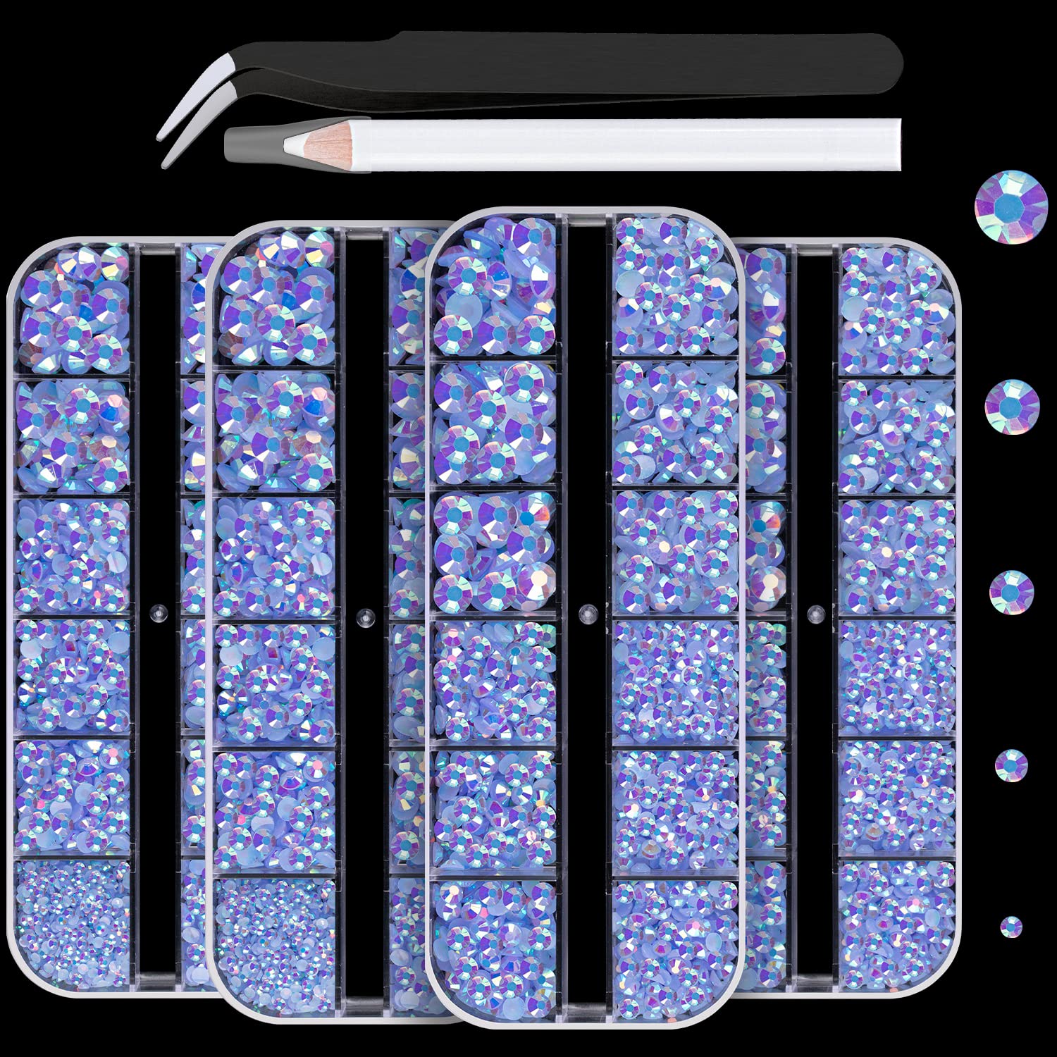 7000PCS Resin Rhinestones with Tweezers for Crafting, 2/3/4/5/6mm Flatback Jelly Rhinestones, 4 Box Sky Blue AB Non Hotfix Crystal Gems for DIY Crafts Mugs Tumblers Clothes Makeup Nail-BrightBean Baby