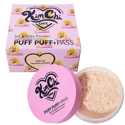 Kimchi Chic Beauty Puff Puff Pass Set and Bake Powder, Loose Face Powder with Extra Fluffy Setting Powder Puff, Soft Natural Face Makeup for Uneven Skin Tone, 03 Translucent-BrightBean Baby