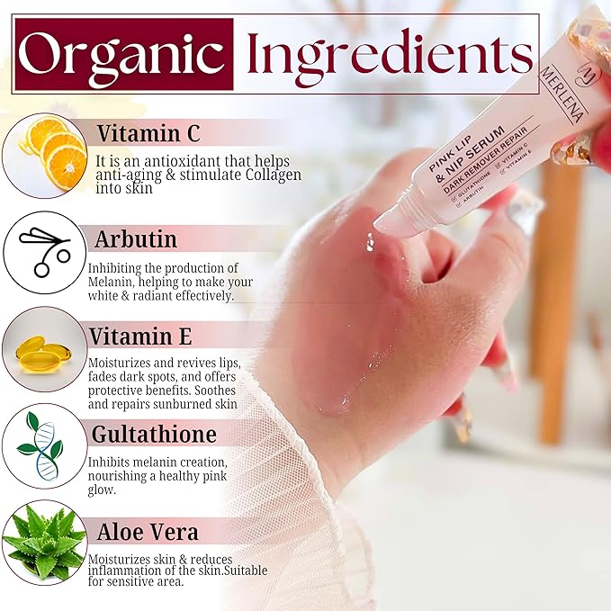 Merlena Pink Lip & Nip Serum - Hydrates and Repairs Dry, Peeling Lips and Nipples, Adds Collagen for Plumpness, Soothes Flaky Skin, Organic Vitamin C & E Formula 8ml-BrightBean Baby