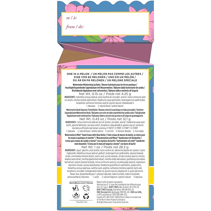 Burt's Bees Mothers Day Gifts for Mom, 3 Self Care Products, You're One in a Melon - Watermelon & Mint Hand Cream, Watermelon Lip Balm & Watermelon Rush Squeezy Tinted Lip Balm (Packaging May Vary)-BrightBean Baby