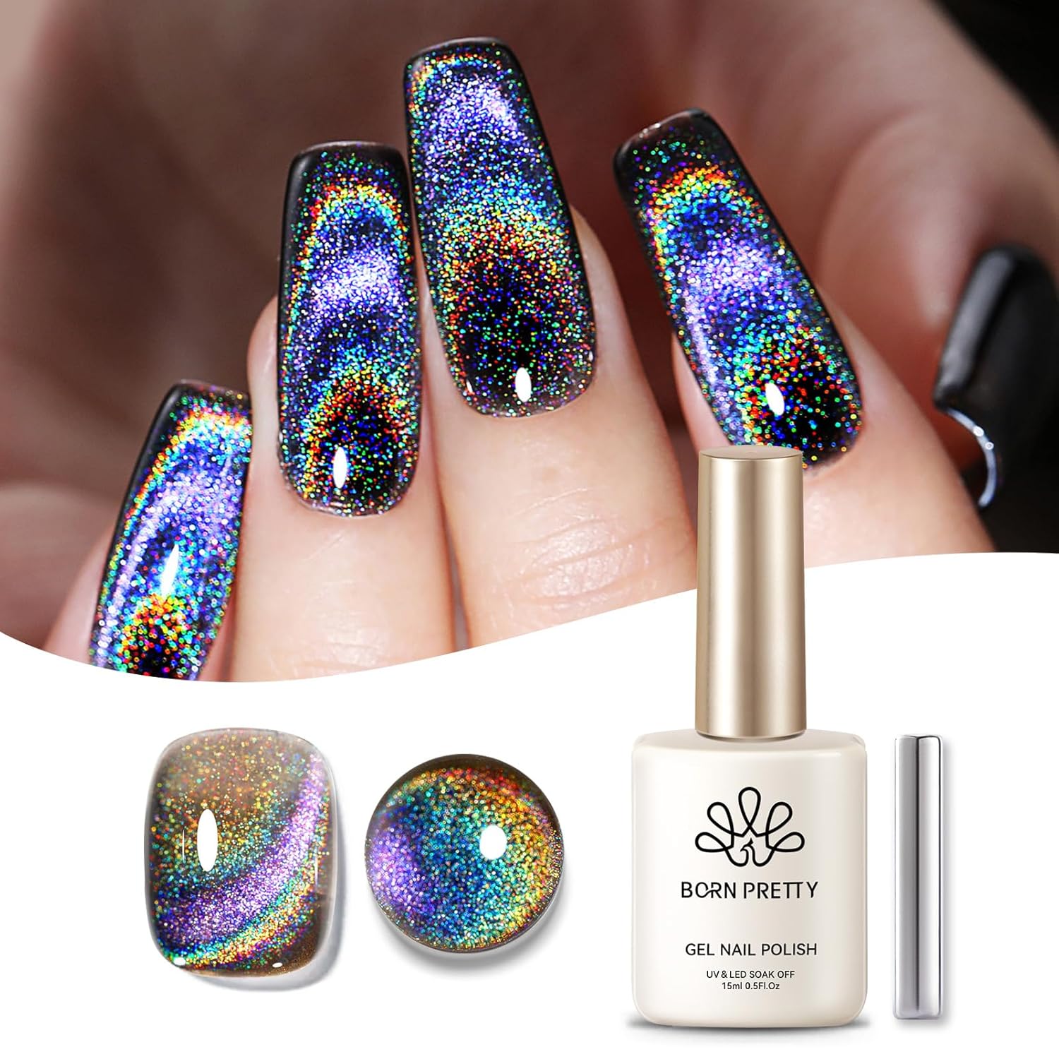Born Pretty Cat Magnetic Eye Gel Nail Polish Holographic Rainbow Cat Magnetic Gel, Black Glitter Magnetic Soak Off U v Nail Gel Diy Art for Girls Women 15ML-BrightBean Baby