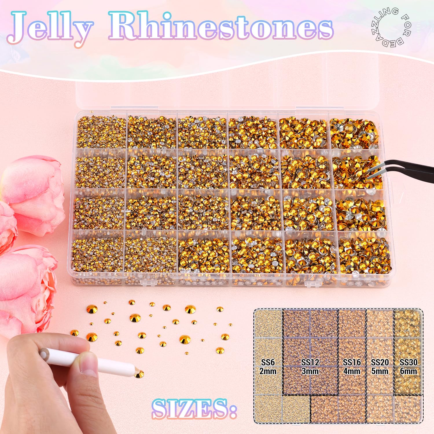 25000Pcs Resin Jelly Rhinestones with Tweezers for Crafting, 2-6mm Mixed Sizes (Copper Gold) Non Hotfix Flatback Gems, Bedazzling Crystal for DIY Crafts Clothing Tumblers Mugs Shoes Nail Art-BrightBean Baby