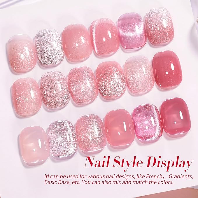 Born Pretty Gel Nail Polish Pink Nude Series,Jelly Transparent,Cat Magnetic Eye,Shimmer Glitter Holographic Pink Nude Gel Polish Kit for Salon Manicure and Nail Art DIY at Home 6Colors-BrightBean Baby