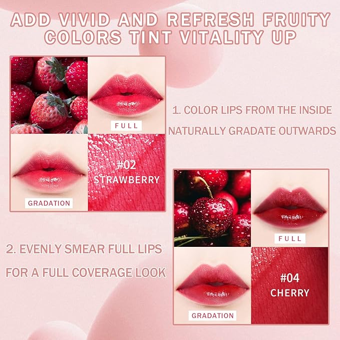 4 Pcs Fruit Lip Stain Set, Vivid Watery Lip Tint Lip Gloss, Plump Velvet Lip Tint Stain, Natural Matte Liquid Lipstick for Lips Cheek Eye, Non-Stick Cup Mini Tinted Lip Long lasting Waterproof-BrightBean Baby