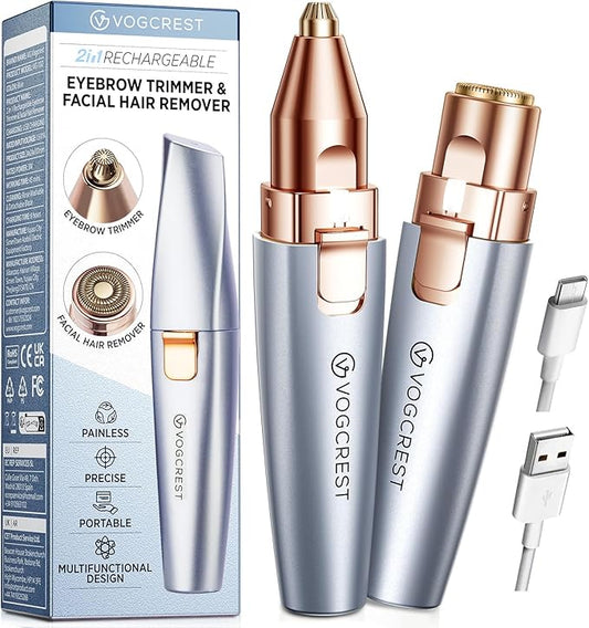 Eyebrow & Facial Trimmer: 2 in1 Rechargeable Facial Hair & Eyebrow Shaver - Painless LED Light (Sky Blue)-BrightBean Baby