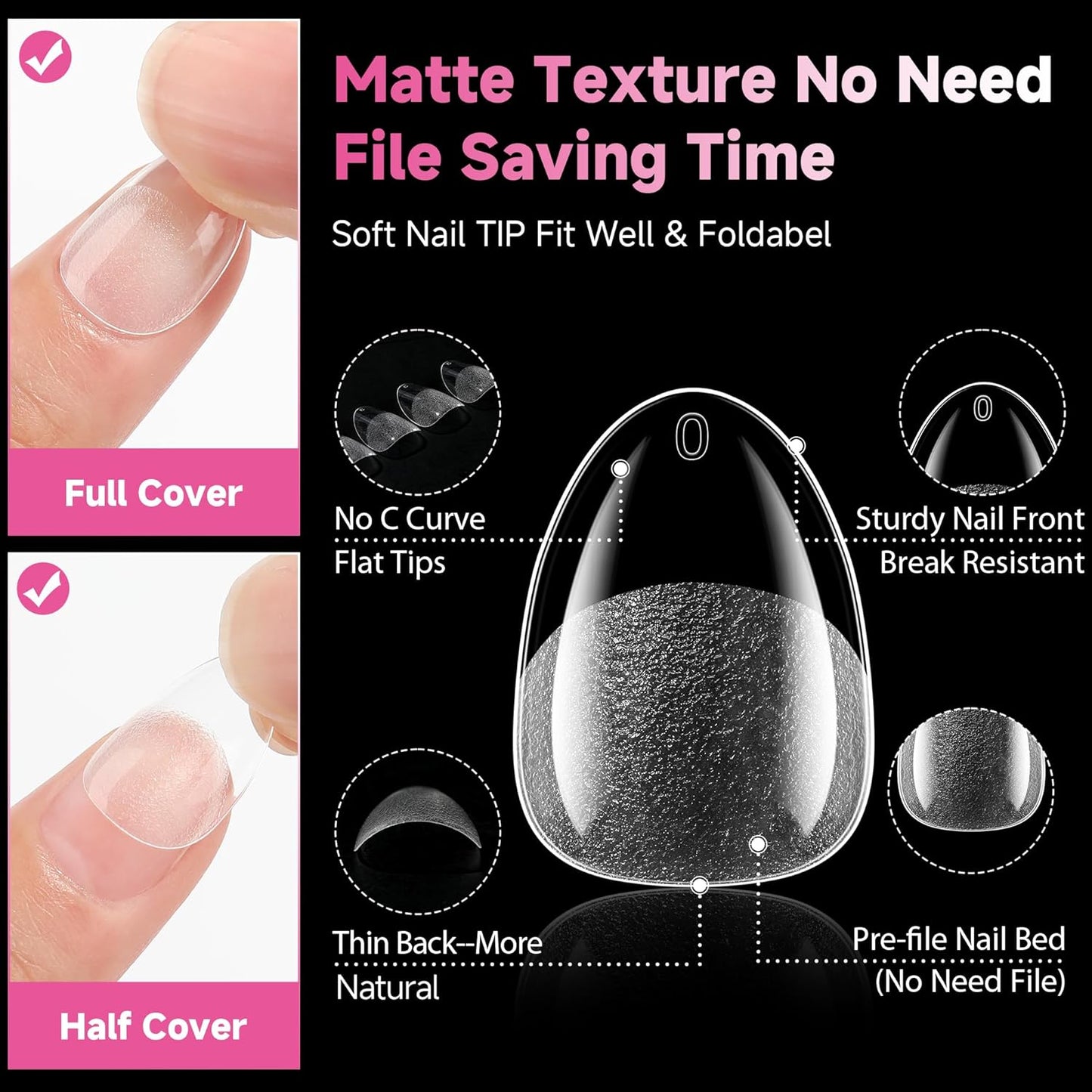 UNA GELLA Extra Short Almond Nail Tips, 312pcs XS Gel Nail Tips Almond Pre-Shaped Half Matte Full Cover No Need File Clear Fake Nails for Nails Extension Home DIY Salon 12 Sizes-BrightBean Baby