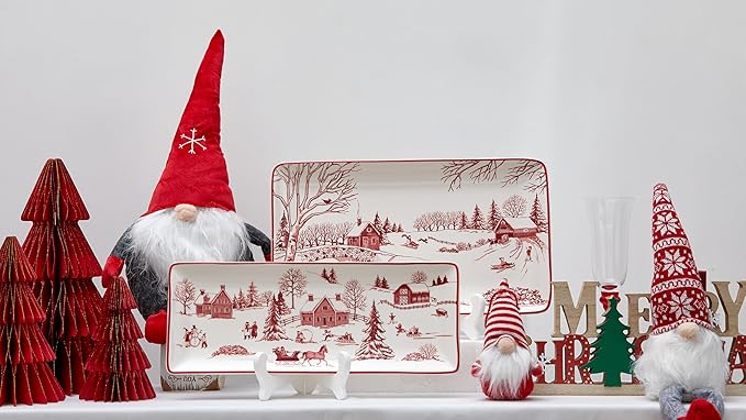 Bico Toile De Jouy Winter Wonderland Ceramic 14 inch Rectangular Serving Platter, Set of 2, for Serving Salad, Pasta, Cheese, Ham, Appetizer, Microwave & Dishwasher Safe