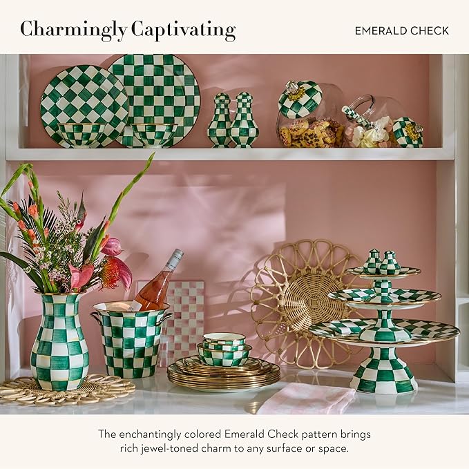 MACKENZIE-CHILDS Enamel Pedestal Platter, Round Cake Stand, Large, Green-and-White Emerald Check