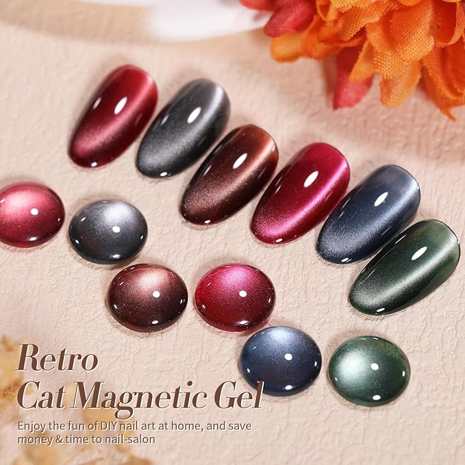 Born Pretty Cat Magnetic Eye Gel Nail Polish, Fall Winter Retro Cat Magnetic Gel, Pink Brown Blue Gray Green Magnetic Soak Off Nail Art Salon Manicure Home Gift 7ML 6PCS-BrightBean Baby