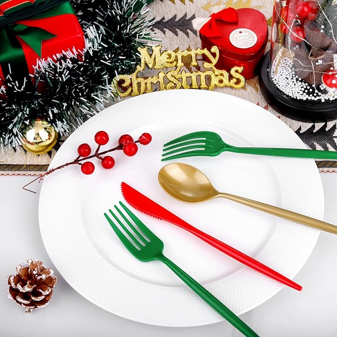 Rubtlamp 180Pcs Christmas Plastic Silverware, Heavy Duty Plastic Utensils, Party Disposable Flatware, Plastic Cutlery Sets Include 60 Green Forks, 60 Brown Gold Plastic Spoons, 60 Red Knives