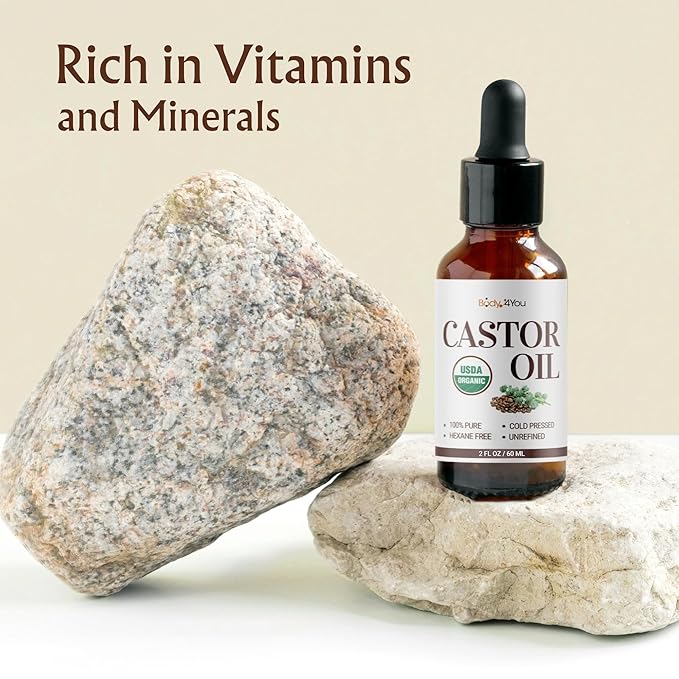 BodyJ4You Castor Oil for Eyelashes Eyebrows - 100% Pure Natural USDA Organic Cold Pressed - Hydrating Skin Hair Growth Oil Lashes Scalp - Non-GMO Hexane Free Unrefined Carrier - Glass Bottle 2 Fl Oz-BrightBean Baby