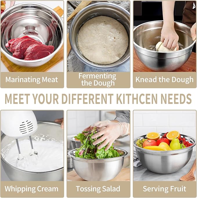 Mixing Bowls Set, 27PCS Khaki Mixing Bowls With Lids Set Stainless Steel Kitchen Large Nesting Metal Bowl 7QT to 1.5QT, Measuring Cups and Spoons for Prepping Cooking Serving