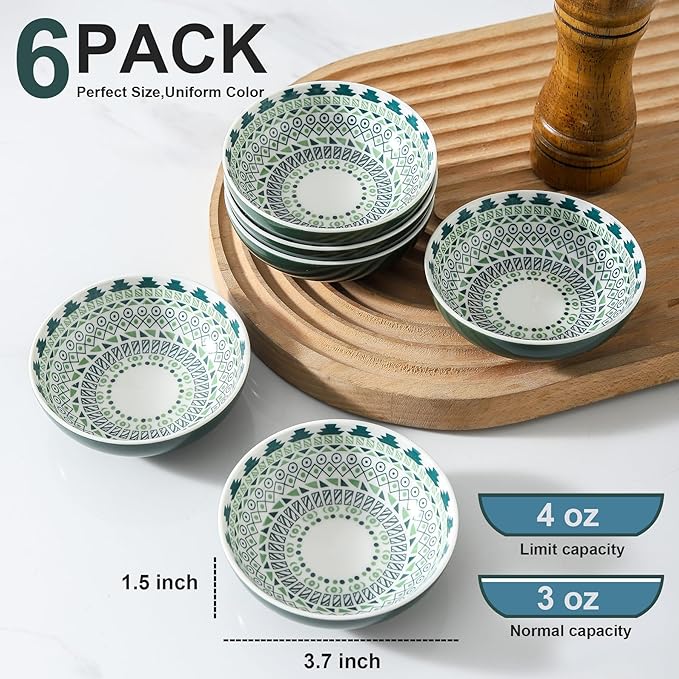 Set of 6 Deep Soy Sauce Dishes, 3.7 inch Ceramic Dipping Bowls 4 oz Small Dip Bowls Sauce cups for Condiment Sushi Bowls, Mini Bowl for Side Dish, Ketchup, Soy Appetizer Plates Tiny Bowls