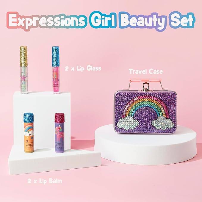Expressions 5pc Rainbow Rhinestones Cosmetics Lip Kit For Kids w/Lip Glosses, Lip Balms & Tin Box Storage Case Magical Lip Set,Washable + Non Toxic-BrightBean Baby