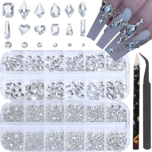 HNUIX Nail Rhinestones - 3D Multi Shape Size, Crystal Clear Nail Gems, Flat Back, with Kit, for Nail Art, DIY Decorations-BrightBean Baby