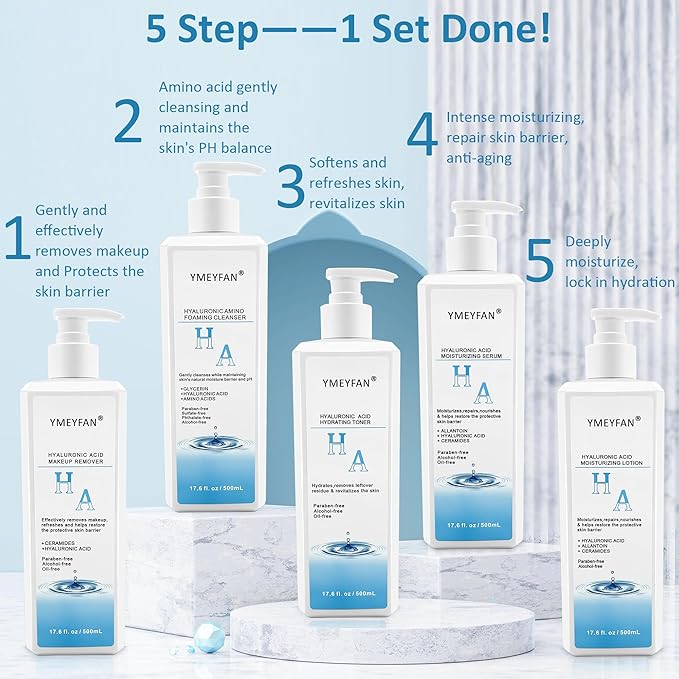 5 Step Skin Care Set, Large 17.6 Fl oz, All with Hyaluronic Acid Facial Skin Care Products, Makeup Remover, Cleanser, Toner, Serum, Lotion, Hydrating & Protect Skin, Sulfates & Paraben-Free-BrightBean Baby