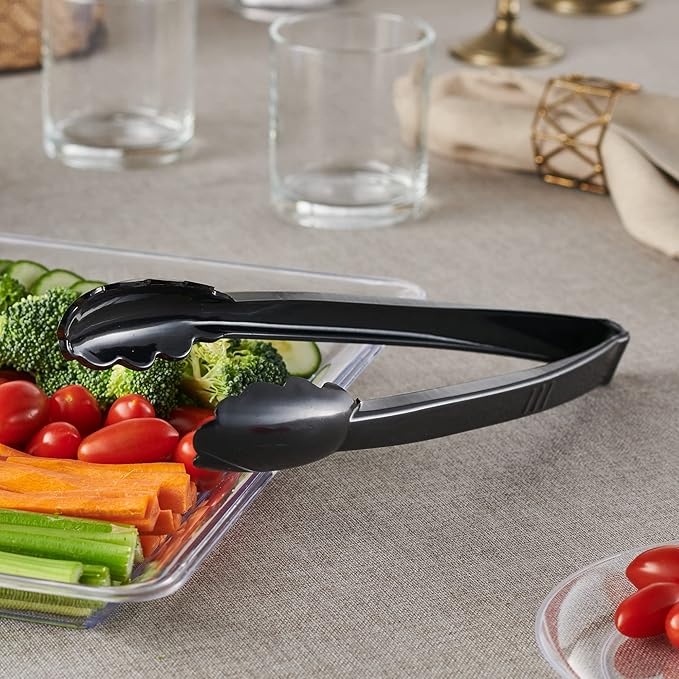 [Black Tongs 12'' Inches] Plasticpro 12'' Serving Tongs Heavy Duty Reusable Kitchen and BBQ Black Serving Tongs for party's, Caterings, Events, Buffet, Weddings, And every Day use Pack of 12