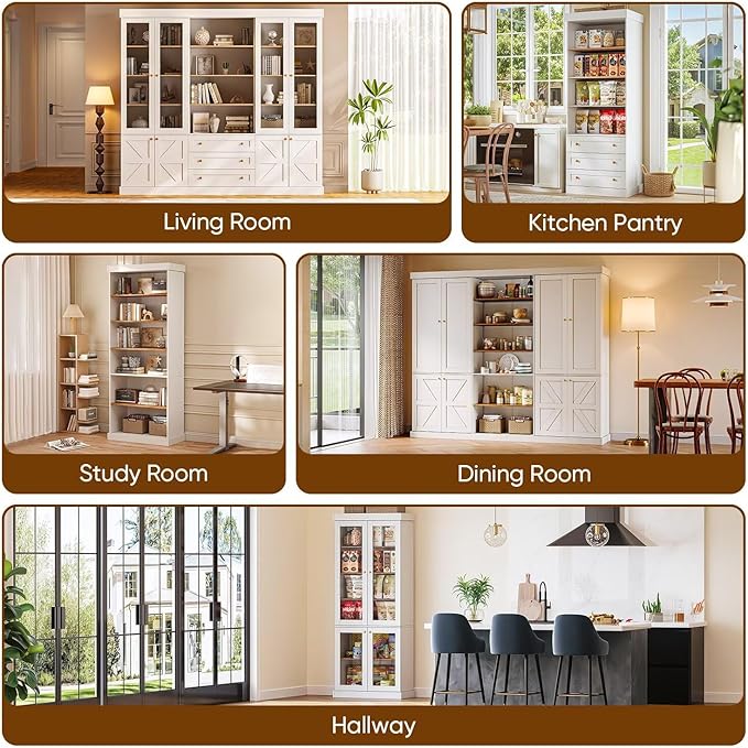 70.8" Bookshelf with Glass Doors, Farmhouse Modular Bookcase with 6-Tier Adjustable Shelves, Large Storage Cabinet for Living Room & Home Office, White