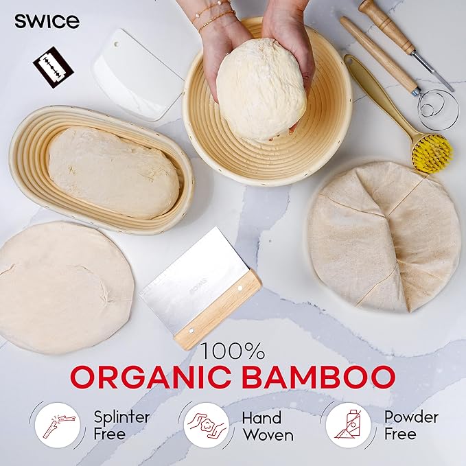 Swice Bread Proofing Basket Set, 9-Inch Round & 10-Inch Oval Banneton Sourdough Starter Kit with Lame, Dough Scraper, Linen Liner, and Basting Brush, Complete Bread Making Supplies and Tools