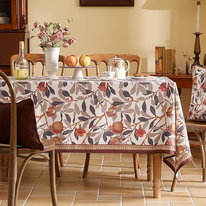 patdrea Designer Brown Tablecloth for Square Table,Linen Pomegranates and Leaves Pattern Tablecloths,Table Cover Cloth Decor for Kitchen Dining Christmas,Thanksgiving,Party,67"x67"-Tehran a